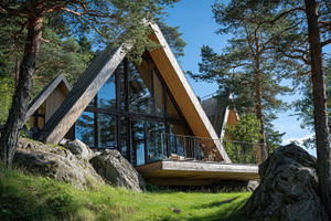Modern cabin nestled among trees, a Photo by Beautiful things