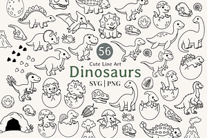 Cute Dinosaur Line Art Illustration, an Animal Illustration by Kusumaillustration