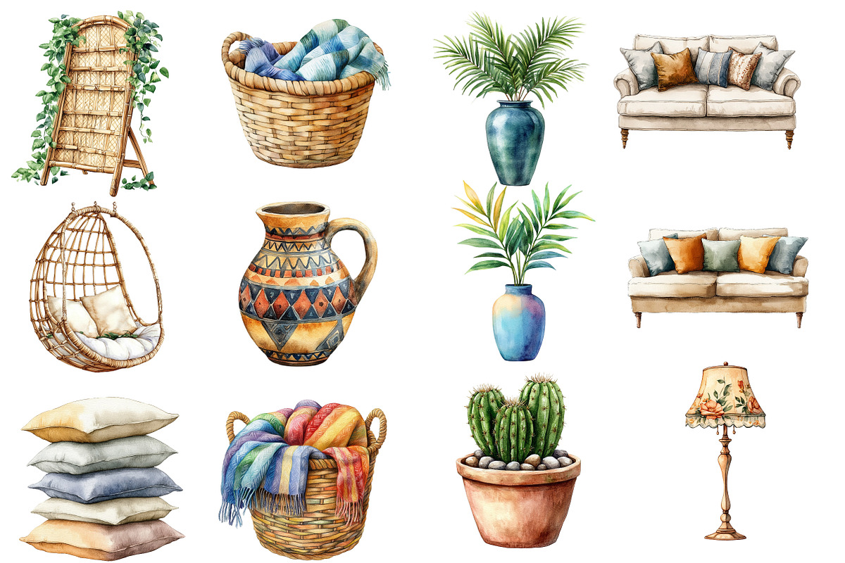 Watercolor Boho Interior Clipart, an Illustration by Designworld (Photo 3 of 6)