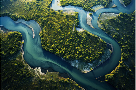 Lush River aerial hills. Generate Ai, a Nature Photo by Ylivdesign