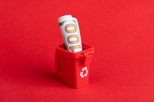 Rolled hundred dollar bill placed in a small red recycling bin on a solid red b, a Business Photo by Ales Munt