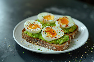 Toast rye bread with avocado puree and hard boiled eggs on grey background, a Food & Drink Photo by AlyaAnd