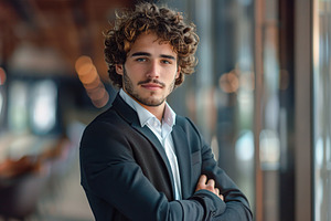 Young businessman in business suit standing on blurred office ba, a Business Photo by AlyaAnd