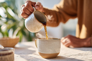Morning ritual of a person slowly pouring hot coffee into a cup at home, a Food & Drink Photo by AlyaAnd