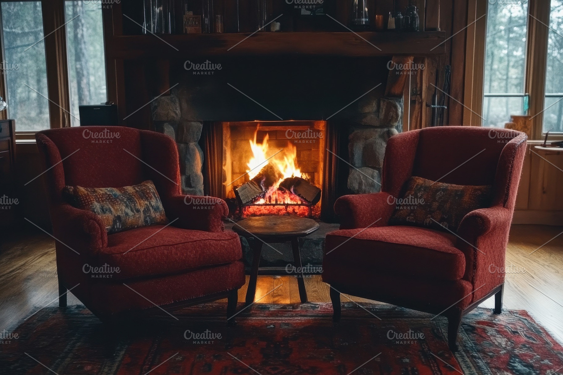Fireside setting with two red chairs, a Photo by Pavel_design