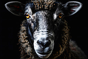 Black sheep with curly wool and piercing orange eyes, an Animal Photo by GoodGoods