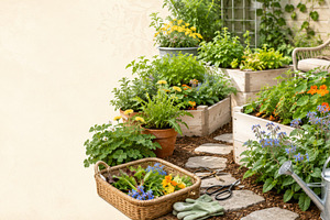 Foraging garden home with vibrant fl, a Photo by Dvoevnore photos