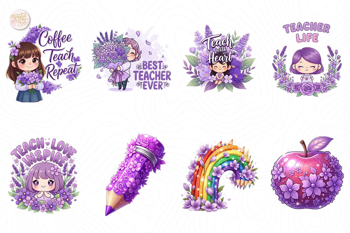 Purple Floral Teacher PNG Clipart., an Object Illustration by KennedyStudio (Photo 2 of 5)