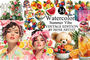 Watercolor Summer Vibe Clipart, an Illustration by DreamArtGraphic
