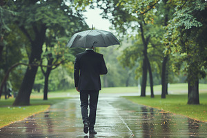 Businessman with black umbrella walking in the rain, a Business Photo by AlyaAnd