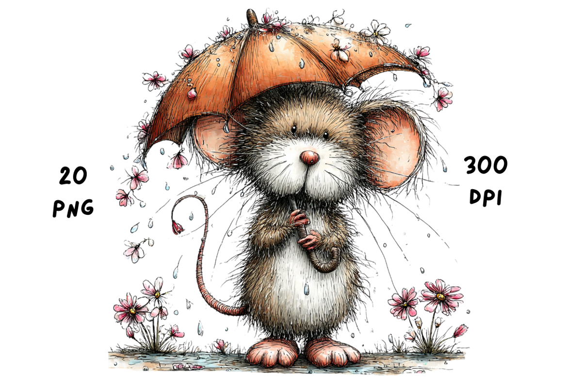 Whimsical Spring Rainy Mouse, an Animal Illustration by GiraffeCreative (Photo 3 of 20)