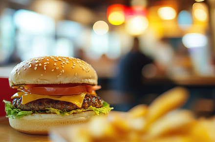 Burger with baked potatoes on blurred fast food restaurant backg, a Food & Drink Photo by AlyaAnd