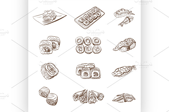 Hand Drawn Set With Sushi Rolls