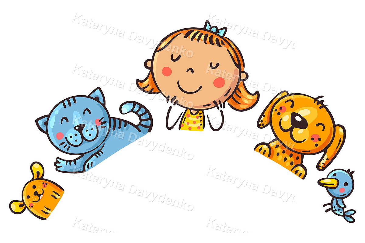 Cartoon girl with pets. Border frame, an Animal Illustration by Bubert Art (Photo 1 of 2)