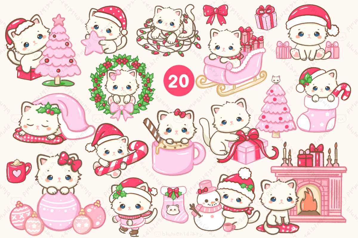 Kawaii White Cat Pink Christmas, an Animal Illustration by Blumensdiary (Photo 2 of 6)