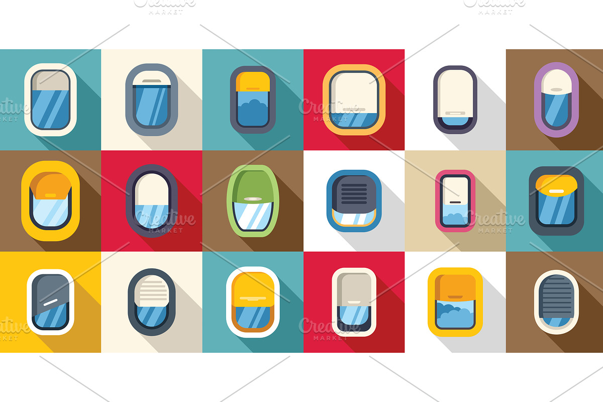 Airplane window icons set flat, an Object Illustration by Ylivdesign