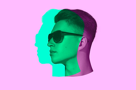 Close-up young man's face, head with colored silhouette, shadow isolated on lig, a Person Photo by Volodymyr Melnyk