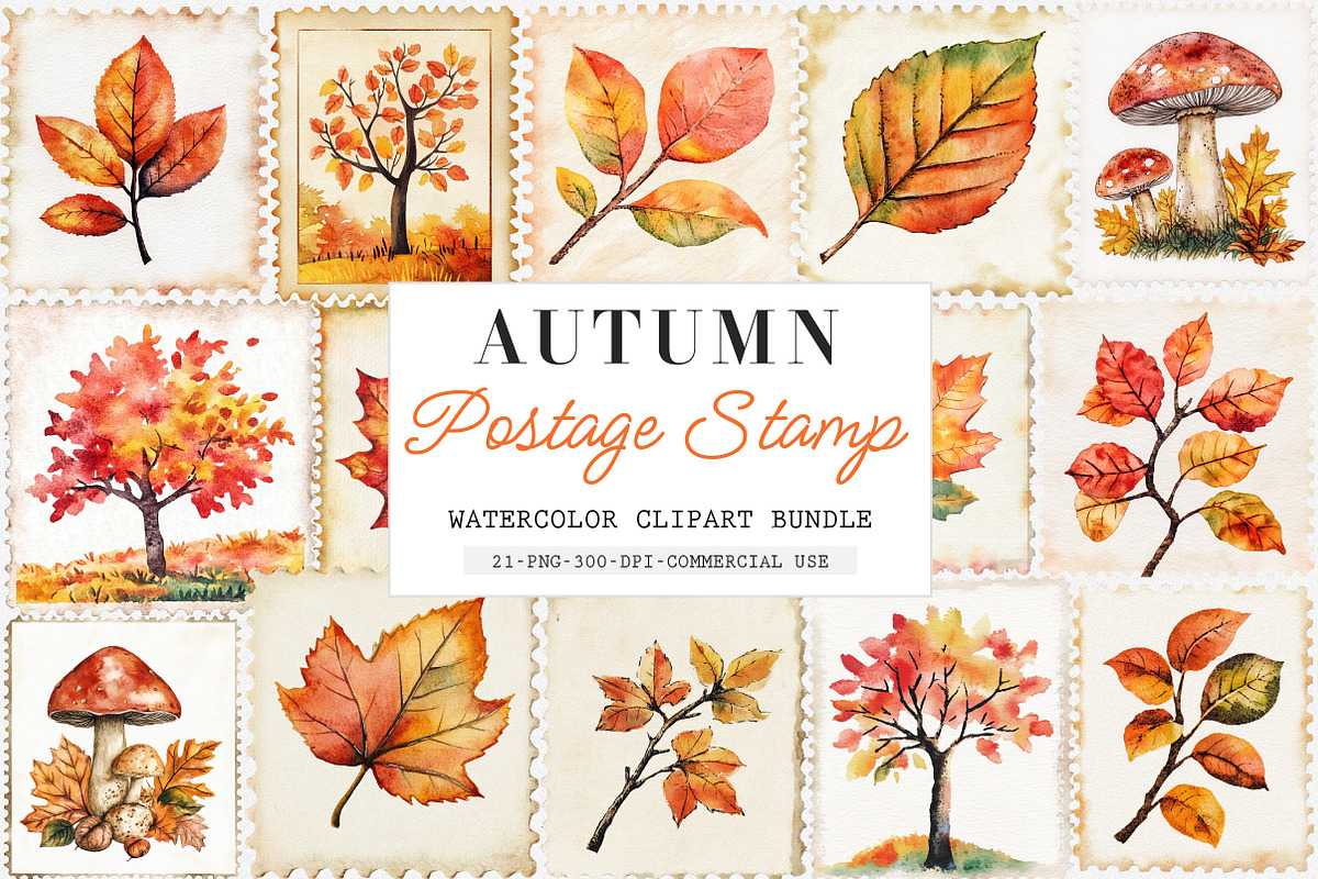 Retro Autumn Postage Stamp PNG, an Illustration by SinaCreation (Photo 1 of 5)