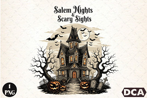 Halloween Horror House Salem Night P, an Illustration by DreamCafeArt