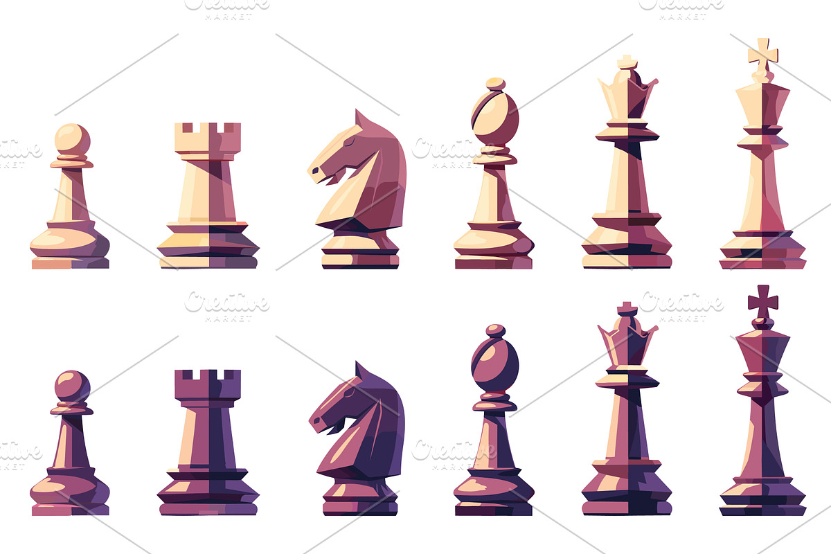 two sets of cartoon chess pieces of, an Object Illustration by LadadikArt
