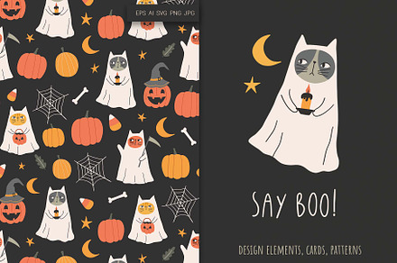 Halloween Ghost Cats Clipart Set