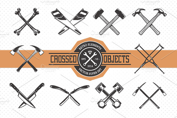 Crossed Retro Objects Icons Set