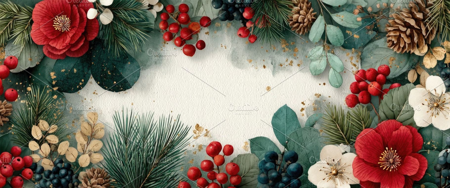 Watercolor Christmas Floral Frame with Red Flowers, Berries, Pin, a Background Photo by José Manuel Gelpi