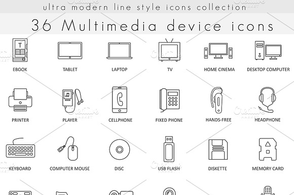 36 Multimedia Devices Line Icons.
