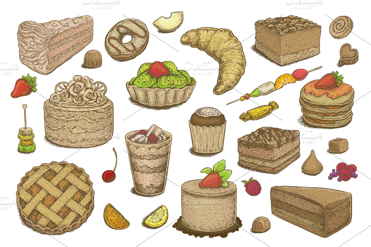 Hand Drawn Desserts Vector Set, an Object Graphic by Eugenia Hauss Design