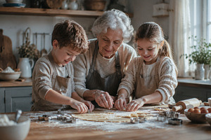 Kids bake cookies with grandmother, a Photo by Beautiful things
