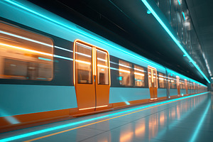 Futuristic neon subway tunnel in motion, a Transportation Photo by AlyaAnd