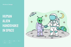Human Alien Handshake in Space, an Object Illustration by Partikusi Design