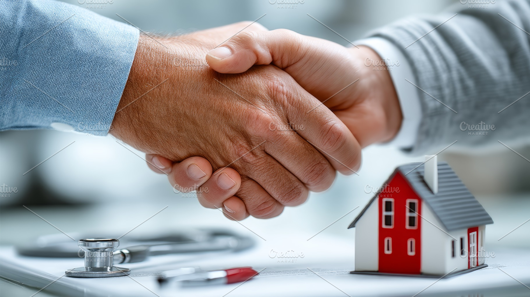 Two people shaking hands near miniature house symbolizing real estate agreement, a Photo by AS photostudio
