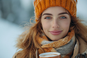 A young Caucasian woman in a cozy orange beanie and scarf warms herself with a, a Person Photo by ImageMir