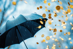 An umbrella shields falling coins, a Photo by Pavel_design