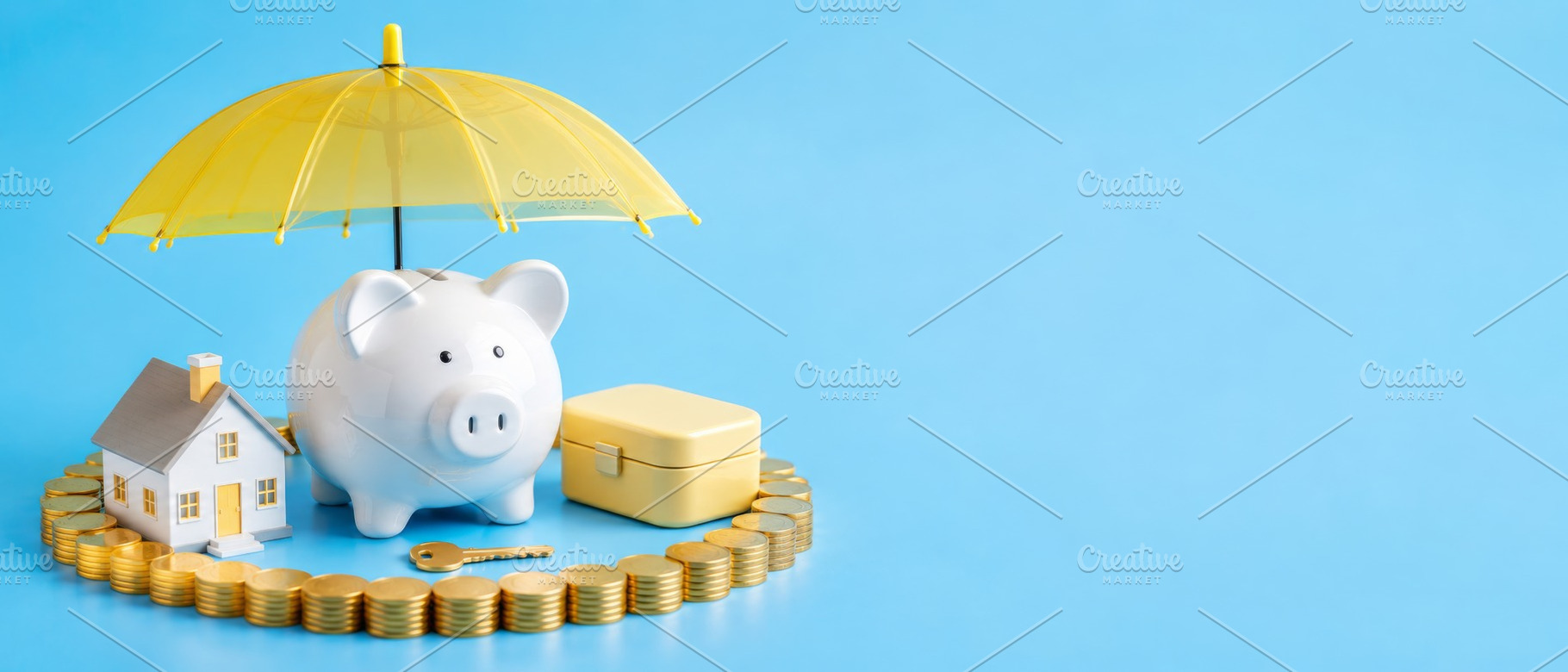Piggy bank surrounded by coins and m, a Photo by Dvoevnore photos