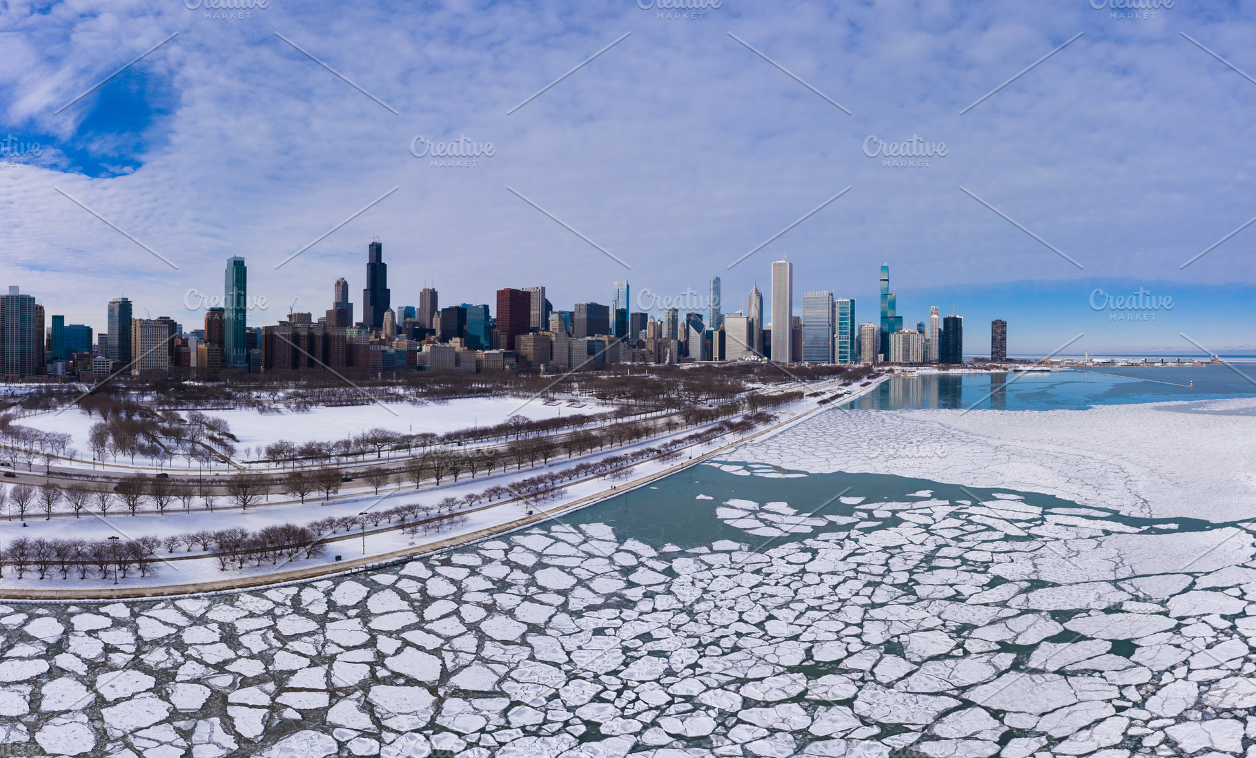 Urban Skyline of Chicago Loop and Frozen Lake Michigan with Ice, an Architecture Photo by WhiteMountMedia