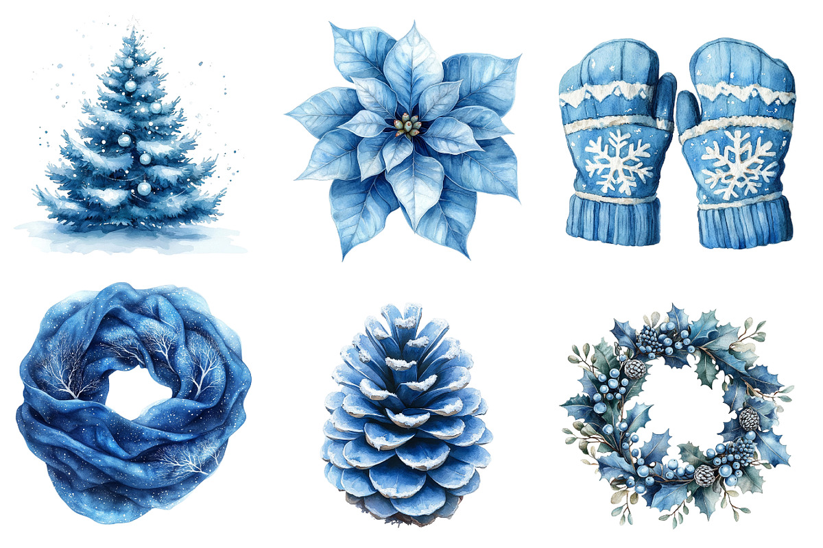 Watercolor Blue Christmas Clipart, an Illustration by SinaCreation (Photo 3 of 5)