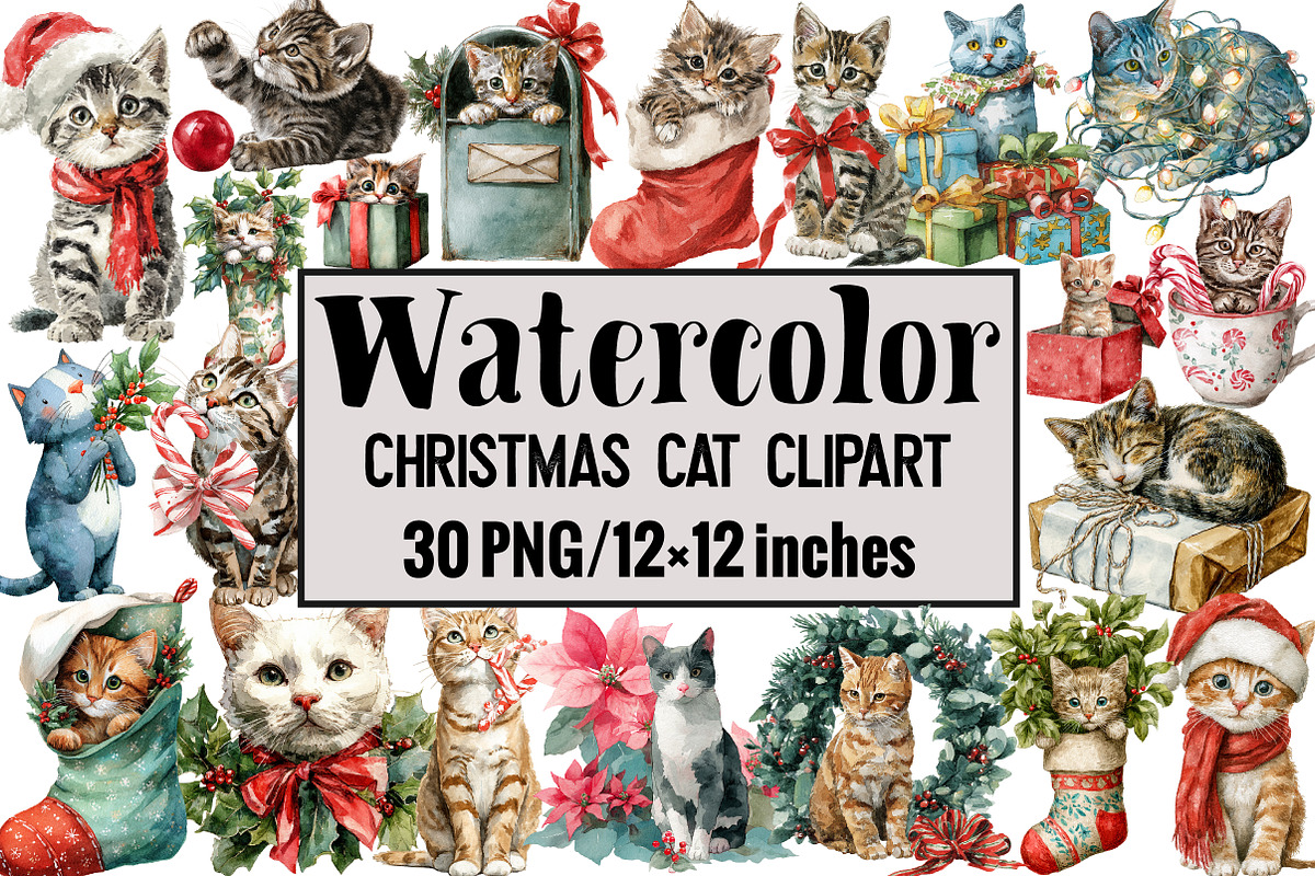 Christmas Cat Clipart, an Illustration by Design Market (Photo 1 of 3)