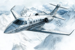 Private Jet Soaring Above Snowy Moun, a Transportation Photo by Pixeness Studio