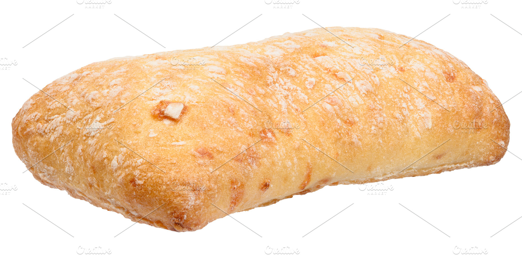 Fresh, crispy ciabatta with a golden crust and flour, close-up, a Food & Drink Photo by ndanko