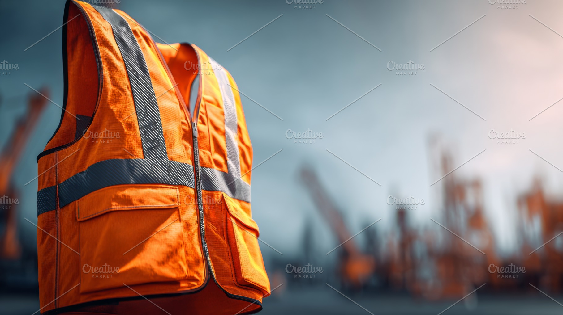 A bright orange safety vest hangs against a blurred industrial background, symb, a Business Photo by ImageMir
