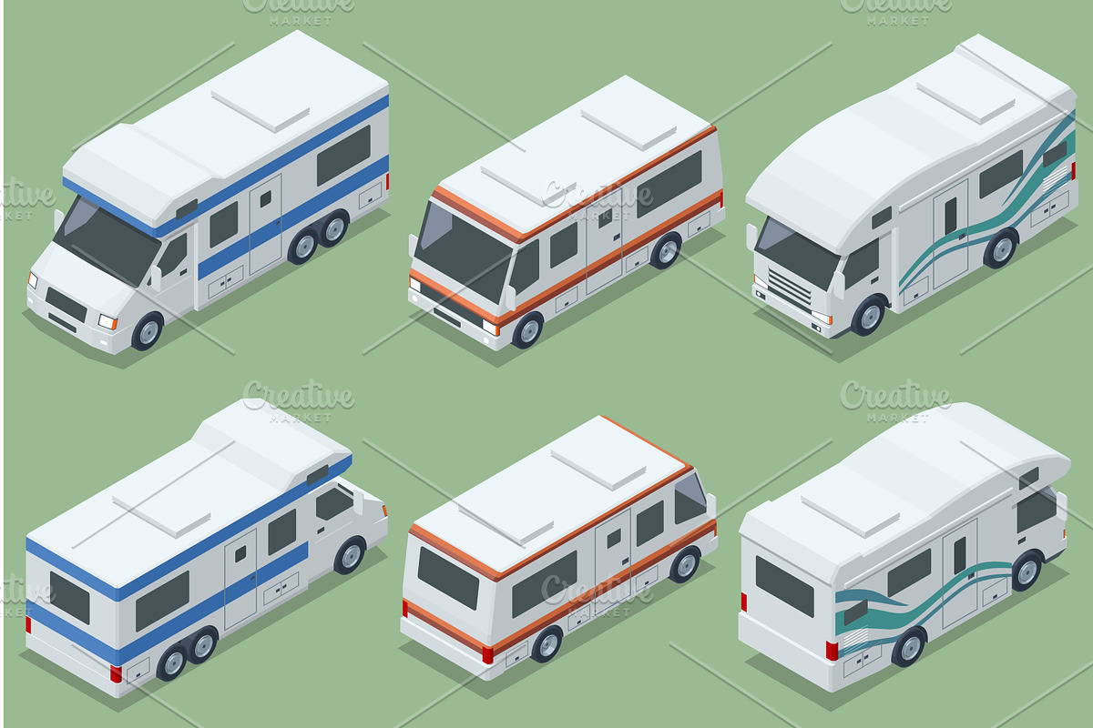 An isometric set of different camper, an Object Illustration by Golden Sikorka
