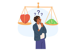 Thoughtful man and scales with heart, a Finance Illustration by Vectorbuum