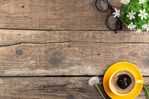 Open book, coffee, bouquet