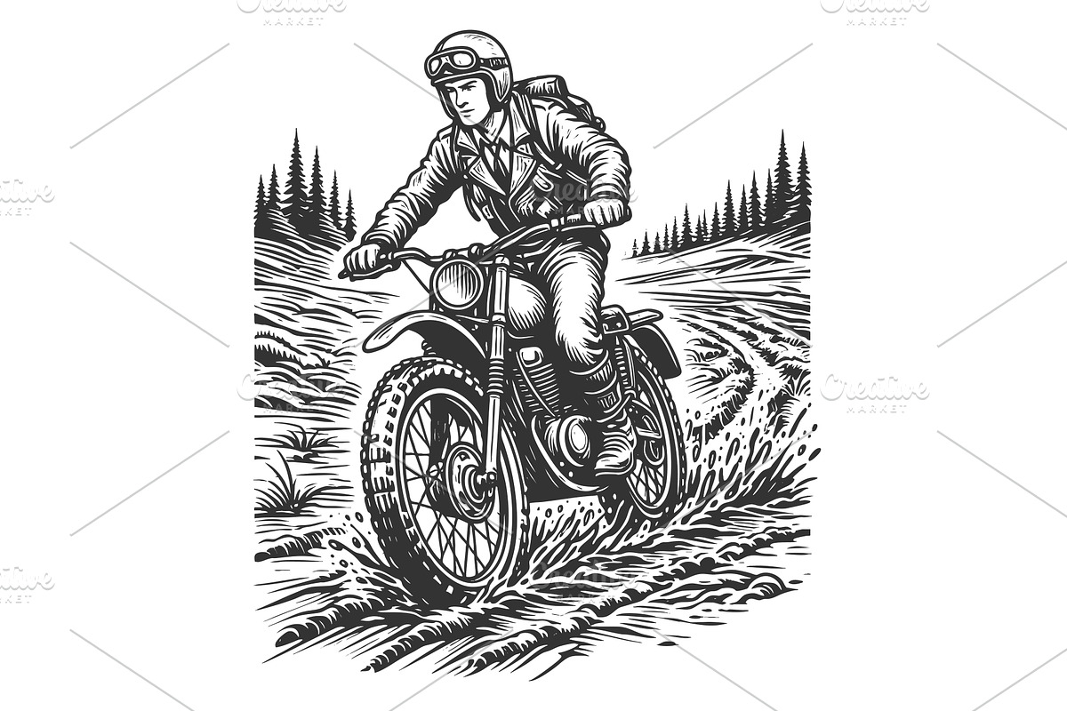 Motorcyclist Riding Through Muddy, a Transportation Illustration by AlexArt