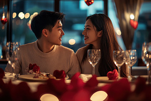 Asian couple enjoys a romantic, a Photo by Pavel_design