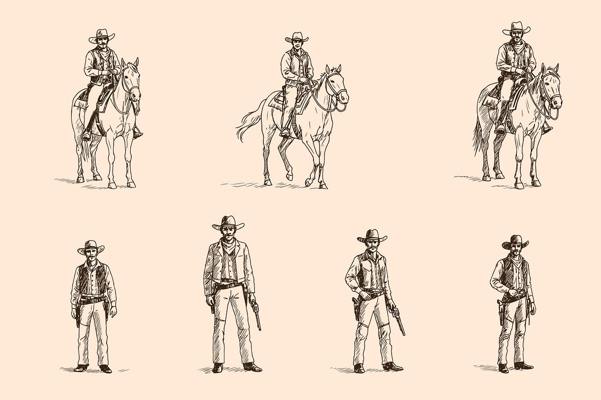 Vintage Western Cowboys on Horseback, an Animal Illustration by MkStudio