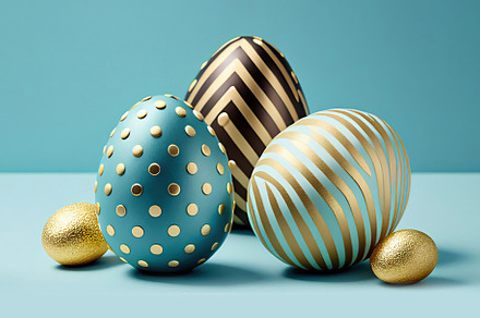 Easter eggs decorated with gold and blue colors. Generative AI, a Holiday Photo by OSORIOartist