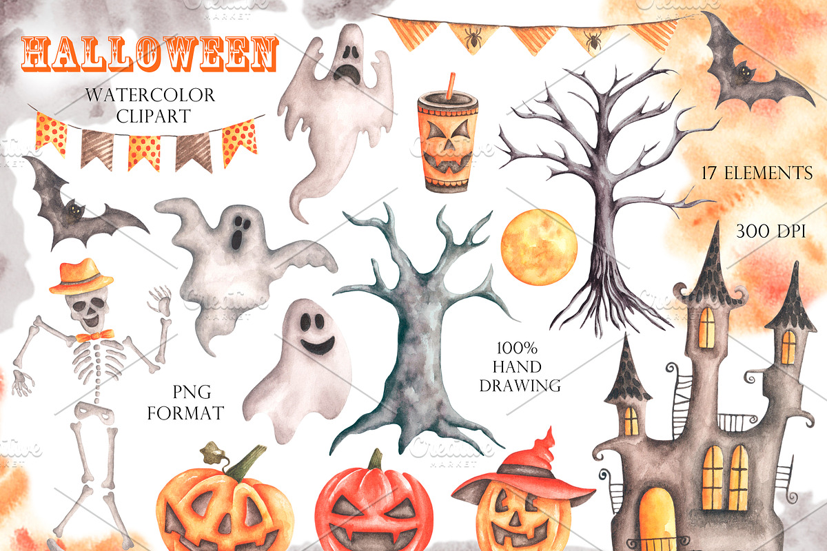 Halloween watercolor set. Pumpkins., a Seasonal Illustration by SabinaWatercolorArt (Photo 2 of 14)